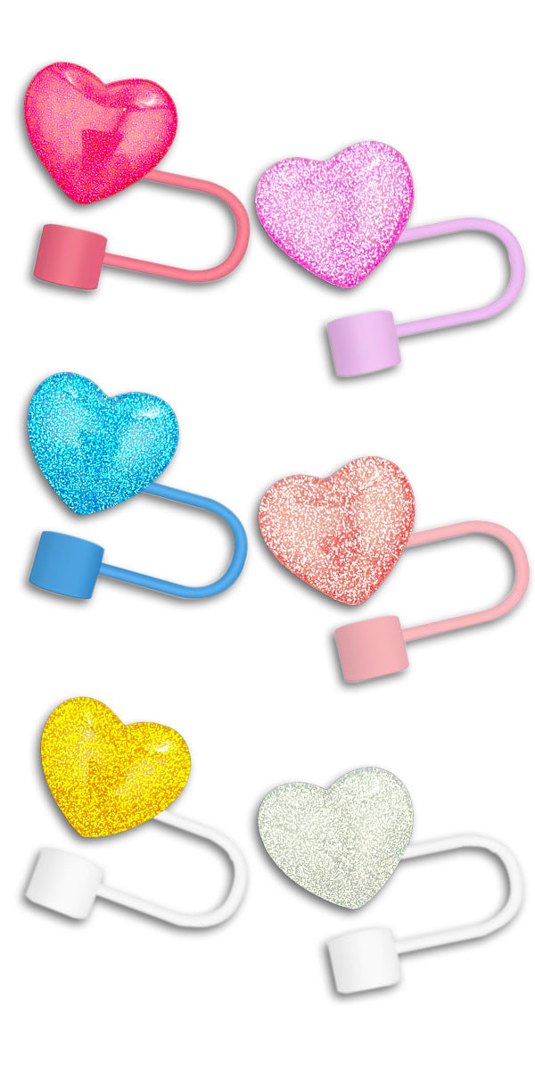 Wholesale 6pcs/pack Resin glitter heart silicone straw cap cup accessories